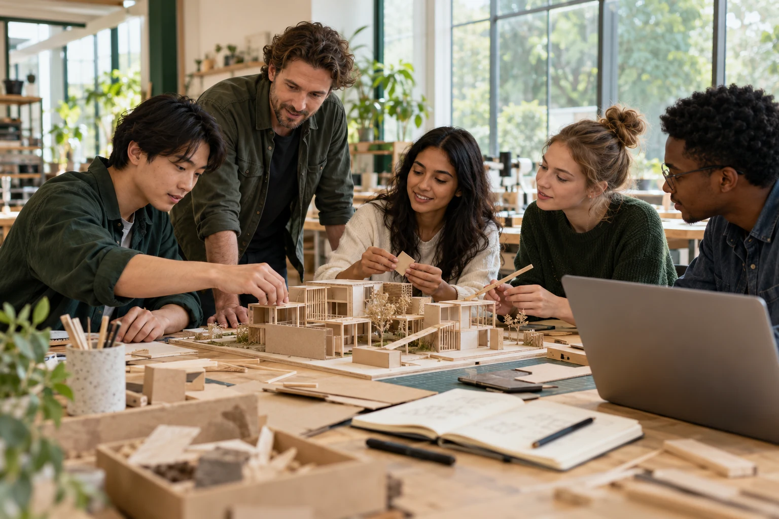 Illustrative collaborative learning in a makerspace, with learners building a model together